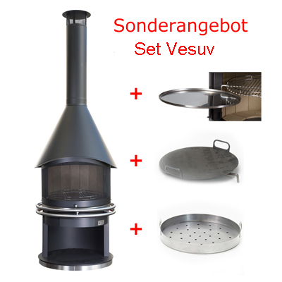 Sonderangebot 2020 Set Grillkamin Vesuv mit Fettauffangschale, Steakpfanne und Holzkohleschale